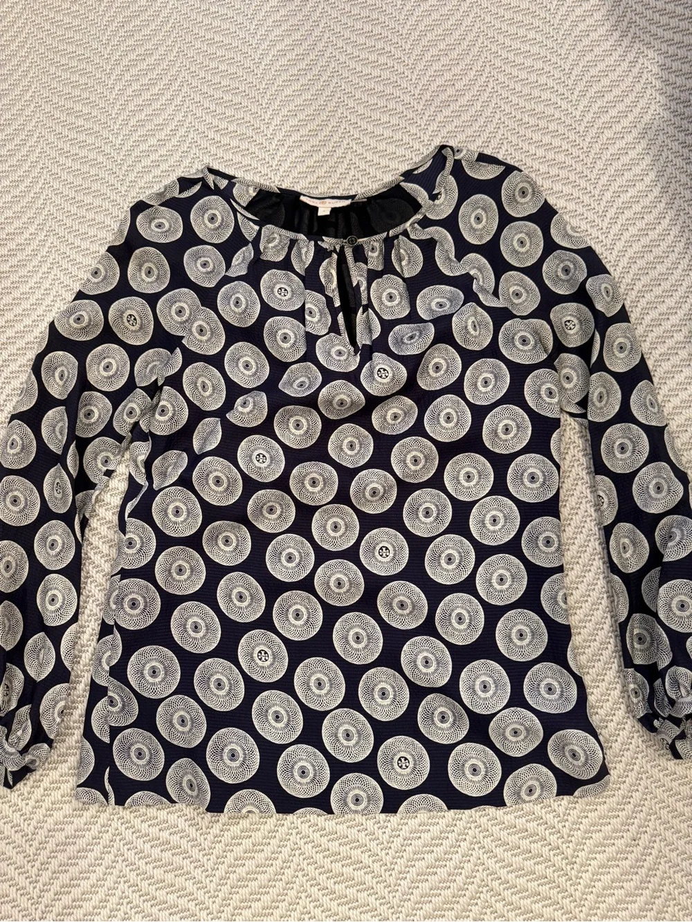 Tory Burch Navy Top with White Circular Medallion Print